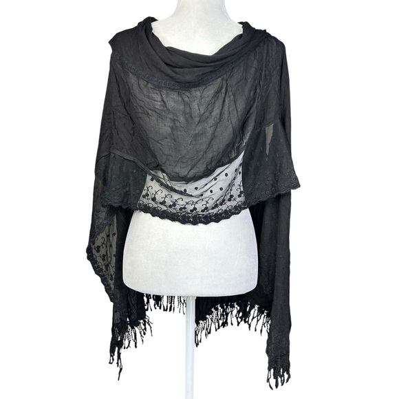 Crosstree Black Shawl Scarf OS Wrap Lacey Arm Holes Whimigoth Dark Romantic - Picture 3 of 12
